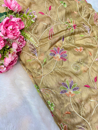 Premium quality  Royal Garden Embroidered Tissue Silk Fabric 44inch width