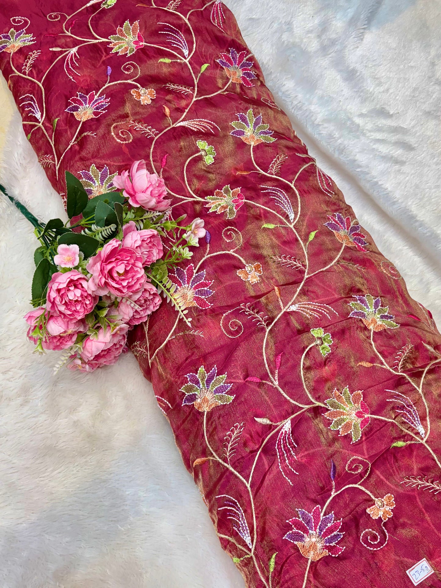 Premium quality  Royal Garden Embroidered Tissue Silk Fabric 44inch width