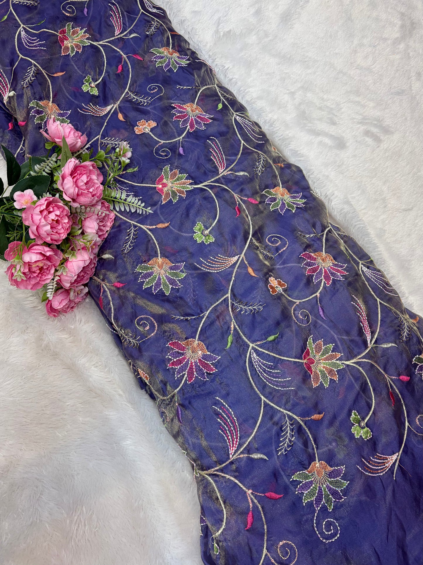 Premium quality  Royal Garden Embroidered Tissue Silk Fabric 44inch width