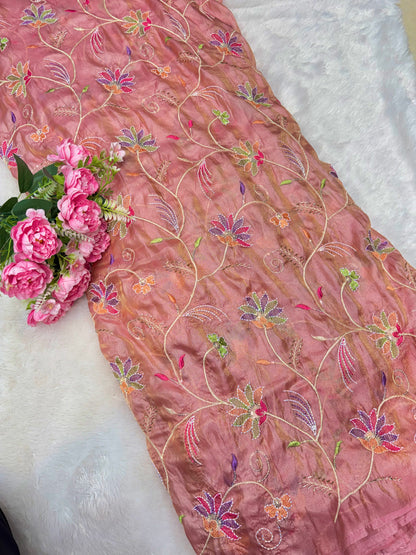 Premium quality  Royal Garden Embroidered Tissue Silk Fabric 44inch width