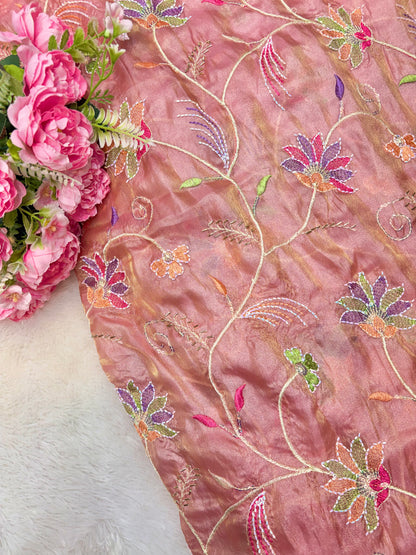Premium quality  Royal Garden Embroidered Tissue Silk Fabric 44inch width