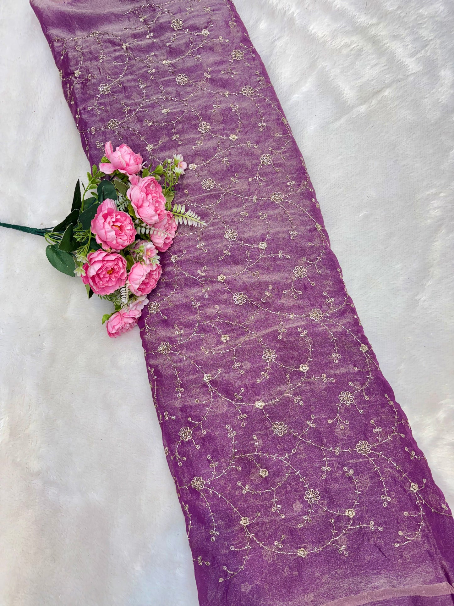 Elegant Bloom Embroidered Fendy Silk Fabric 44inch