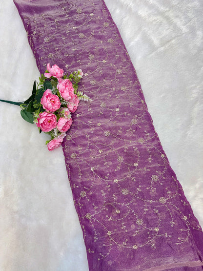 Elegant Bloom Embroidered Fendy Silk Fabric 44inch