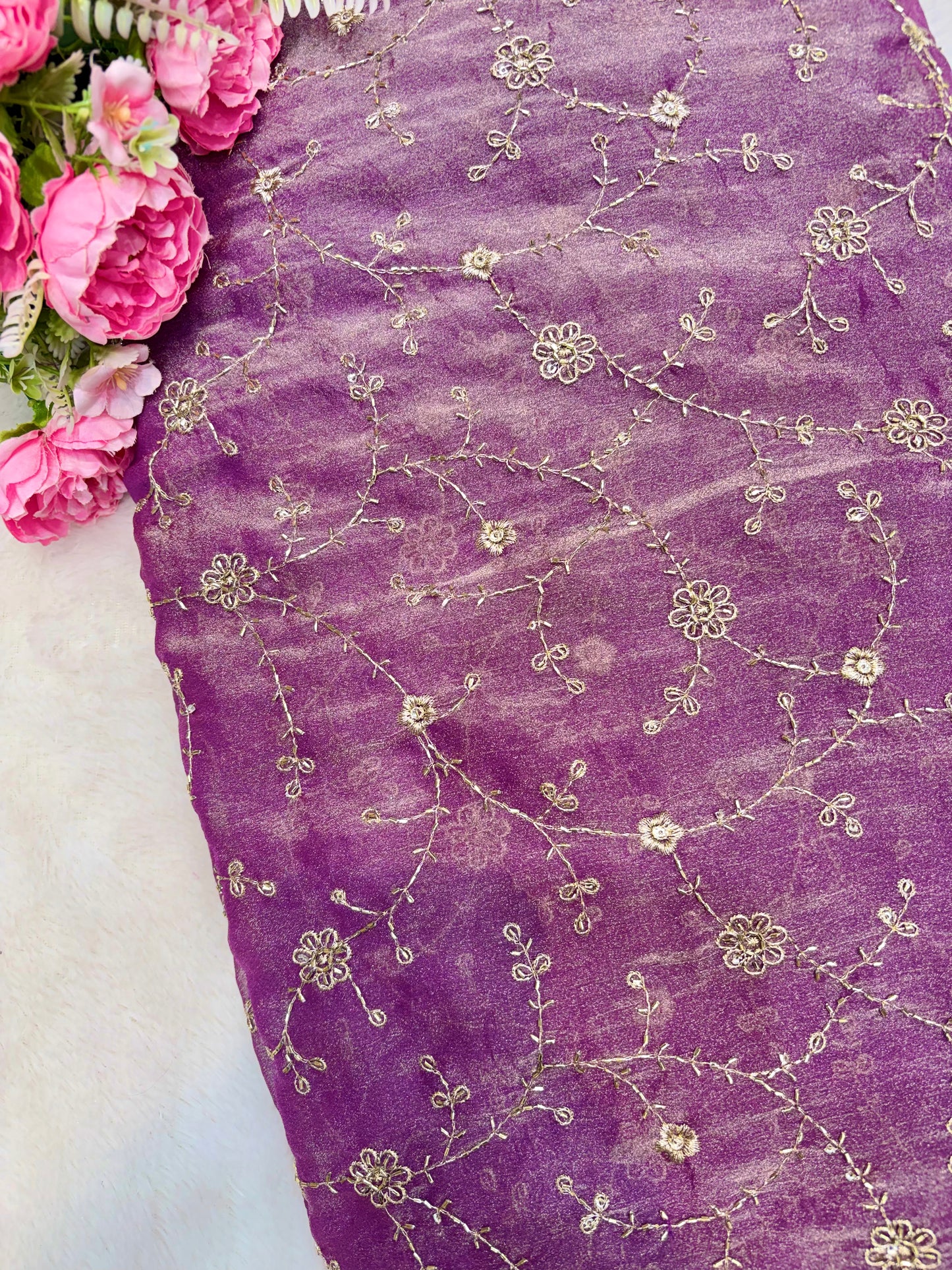 Elegant Bloom Embroidered Fendy Silk Fabric 44inch