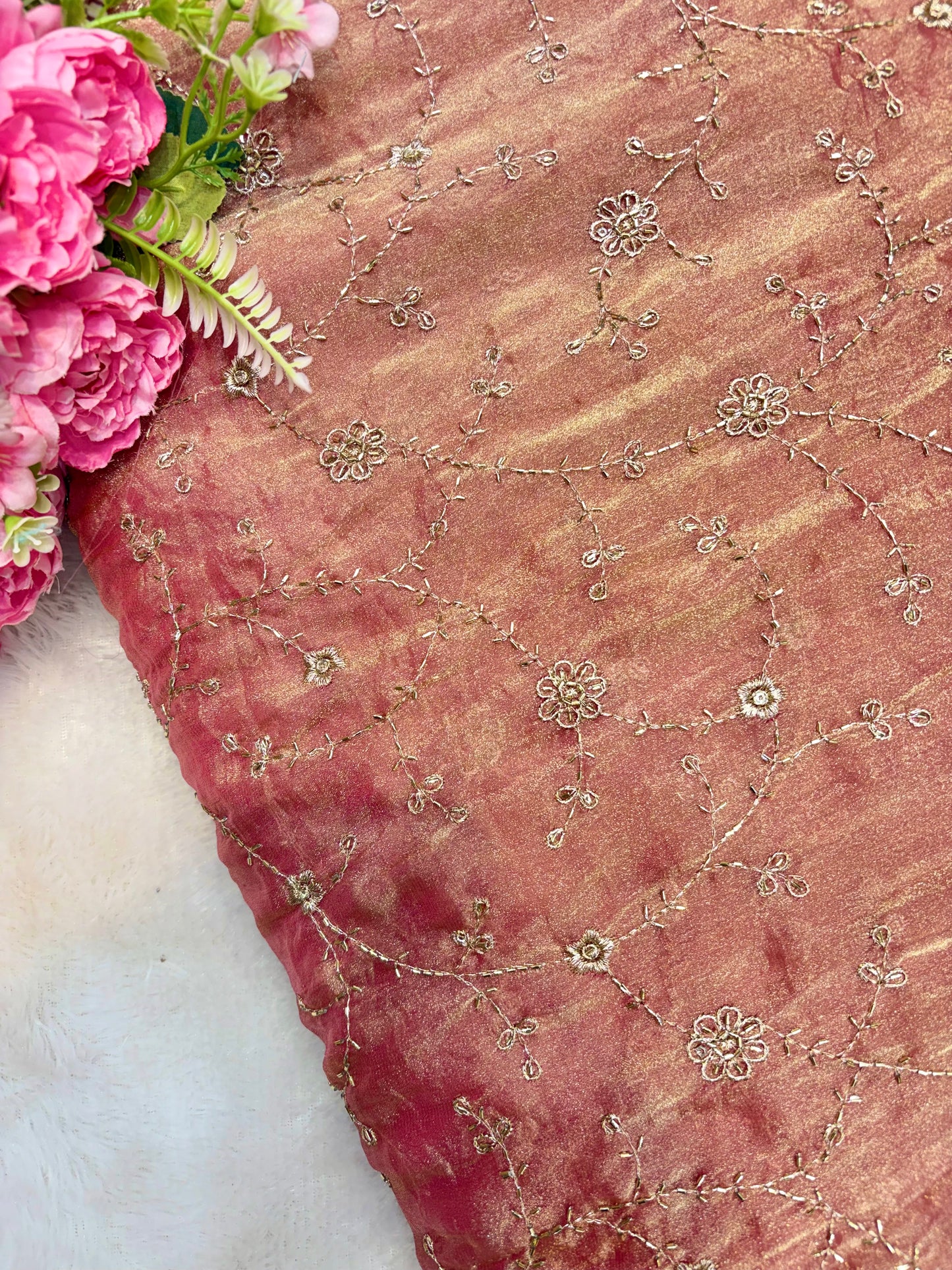 Elegant Bloom Embroidered Fendy Silk Fabric 44inch