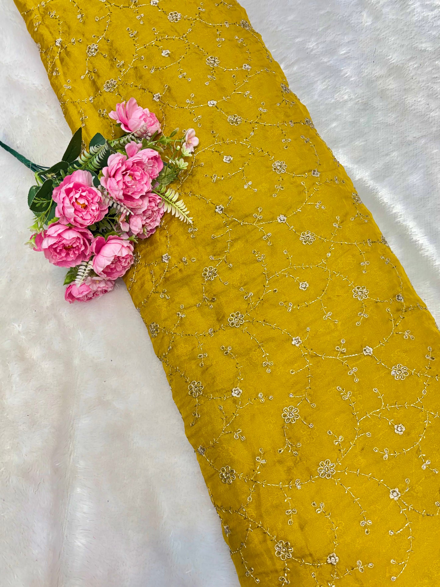 Elegant Bloom Embroidered Fendy Silk Fabric 44inch