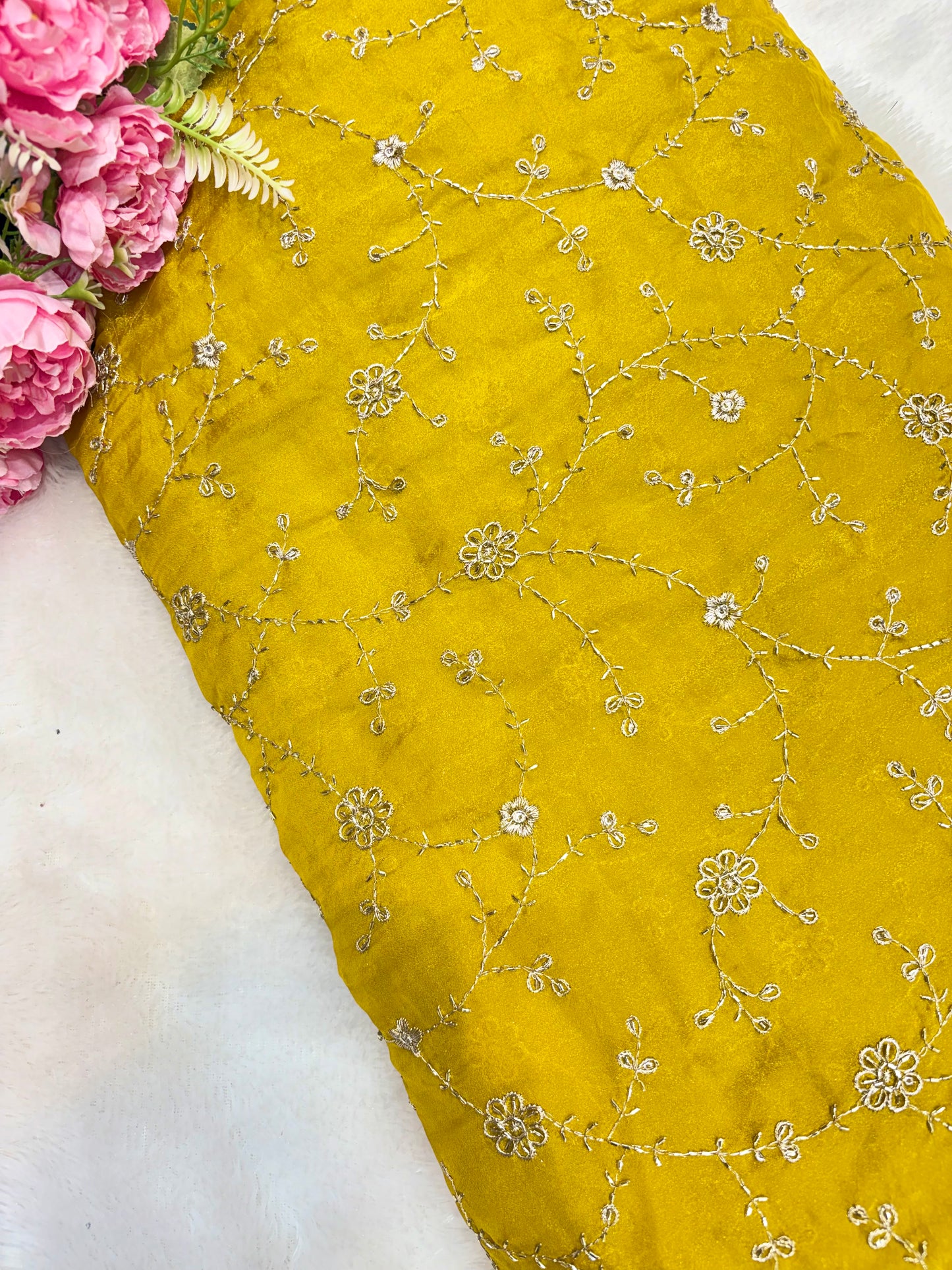 Elegant Bloom Embroidered Fendy Silk Fabric 44inch