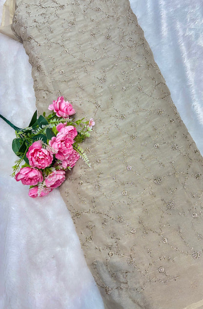 Elegant Bloom Embroidered Fendy Silk Fabric 44inch