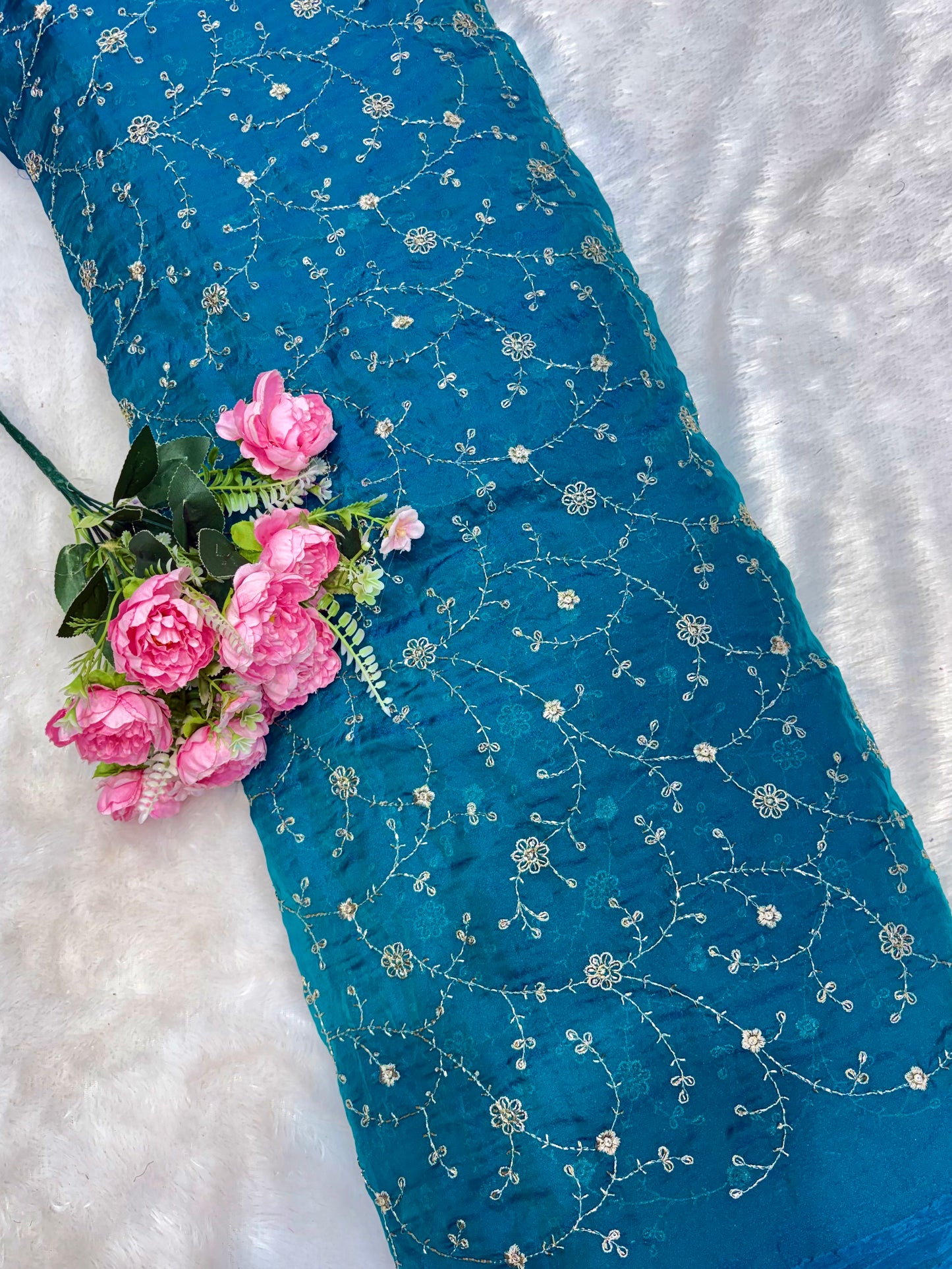 Elegant Bloom Embroidered Fendy Silk Fabric 44inch