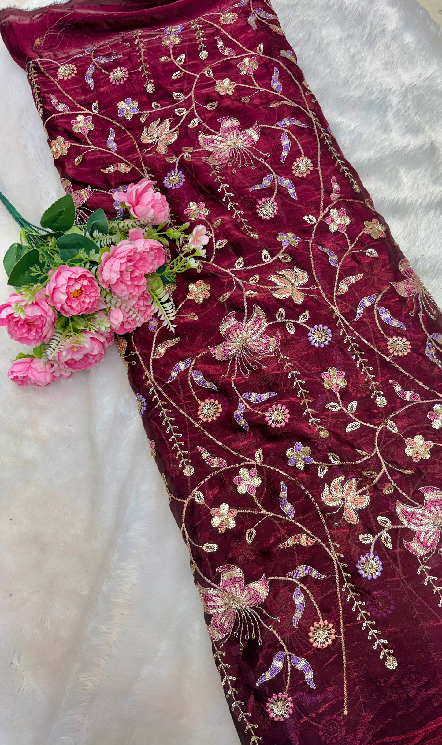 Elegant Bloom Embroidered Fendy Silk Fabric 44inch maroor multi