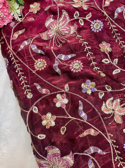 Elegant Bloom Embroidered Fendy Silk Fabric 44inch maroor multi