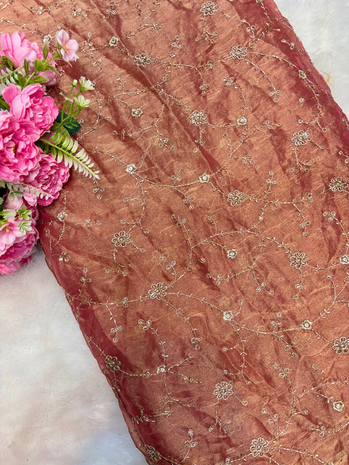 Elegant Bloom Embroidered Fendy Silk Fabric 44inch