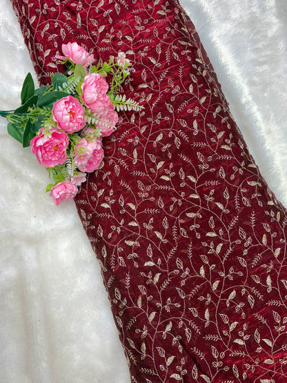 Elegant Bloom Embroidered Fendy Silk Fabric 44inch