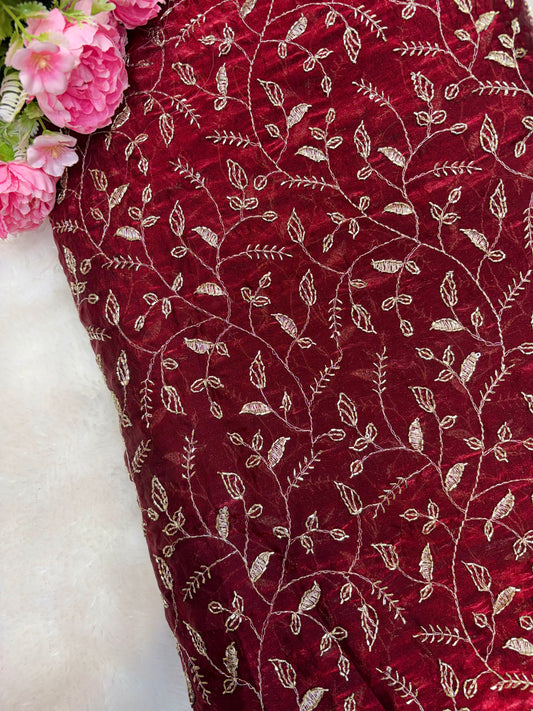 Elegant Bloom Embroidered Fendy Silk Fabric 44inch