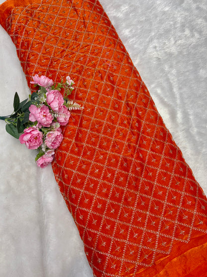 Elegant Bloom Embroidered Fendy Silk Fabric 44inch orahnge