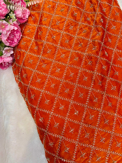 Elegant Bloom Embroidered Fendy Silk Fabric 44inch orahnge