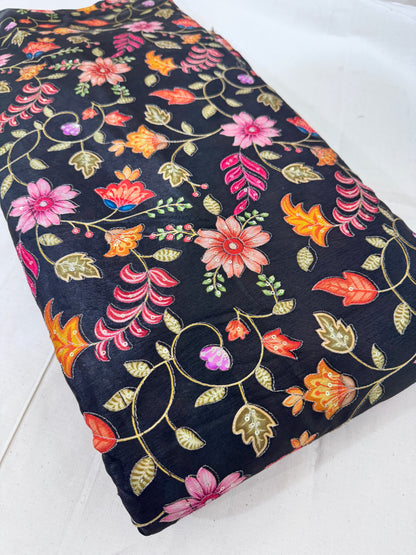 🌸 Elegant chinon Multicolor all over position, Printed Silk Blend Fabric 44.-45 inch BLACK