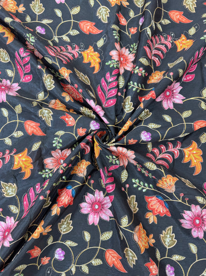 🌸 Elegant chinon Multicolor all over position, Printed Silk Blend Fabric 44.-45 inch BLACK
