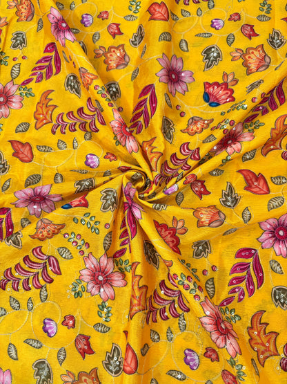 🌸 Elegant chinon Multicolor all over position, Printed Silk Blend Fabric 44.-45 inch yellow