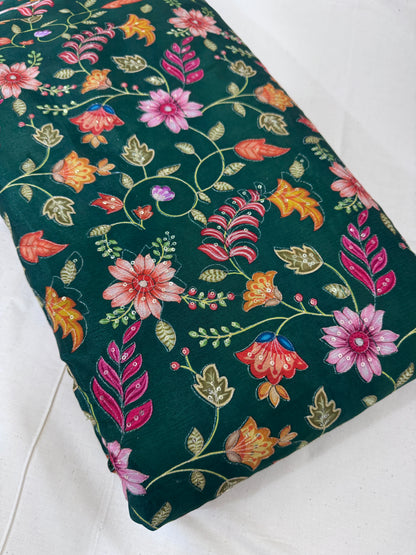🌸 Elegant chinon Multicolor all over position, Printed Silk Blend Fabric 44.-45 inch bottle green
