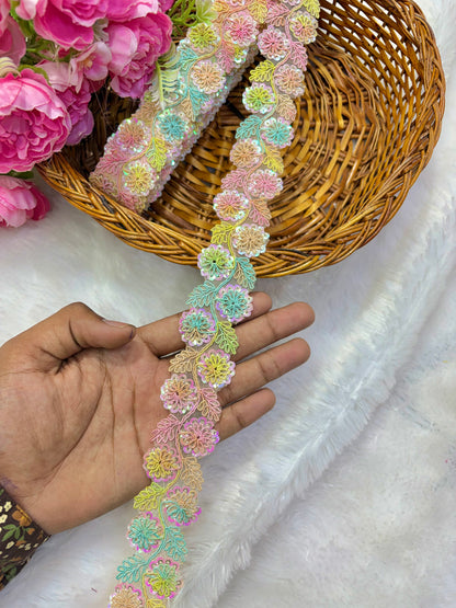 Pastel Bloom Sequin Embroidered Lace Border Sare ,Lehenga, Anarkali, pack of 9 meter (multii colour)