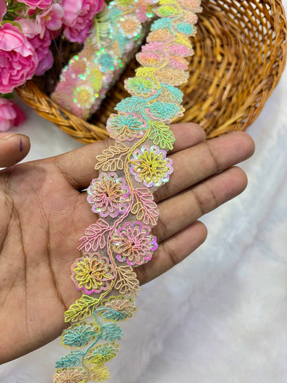 Pastel Bloom Sequin Embroidered Lace Border Sare ,Lehenga, Anarkali, pack of 9 meter (multii colour)