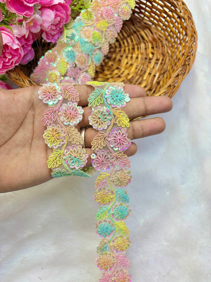 Pastel Bloom Sequin Embroidered Lace Border Sare ,Lehenga, Anarkali, pack of 9 meter (multii colour)