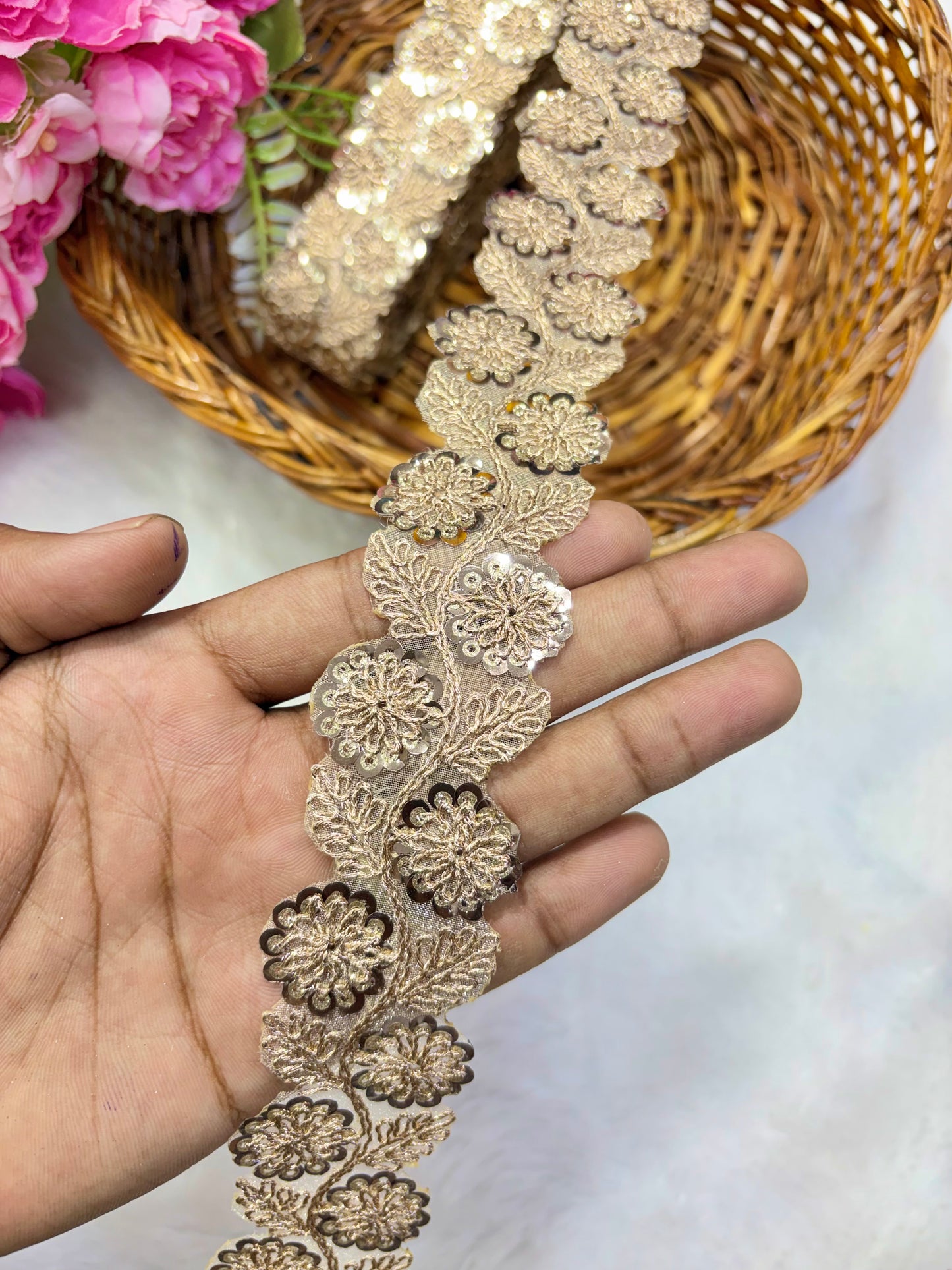 Pastel Bloom Seq uin Embroidered Lace Border Sare ,Lehenga, Anarkali, pack of 9 meter(rose gold ))