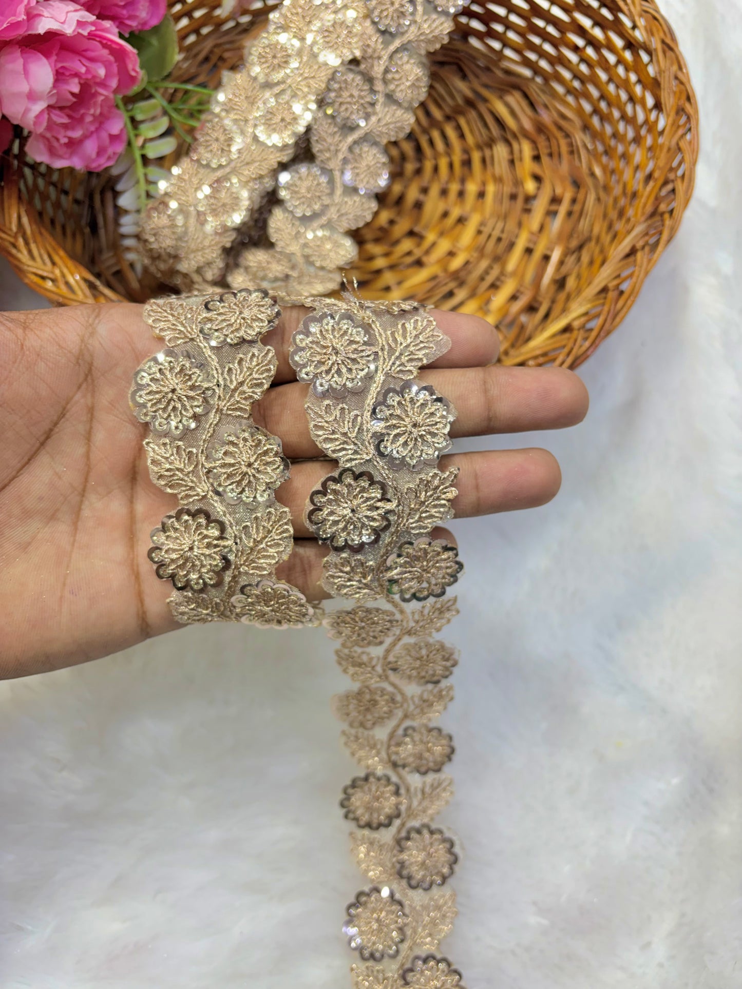 Pastel Bloom Seq uin Embroidered Lace Border Sare ,Lehenga, Anarkali, pack of 9 meter(rose gold ))