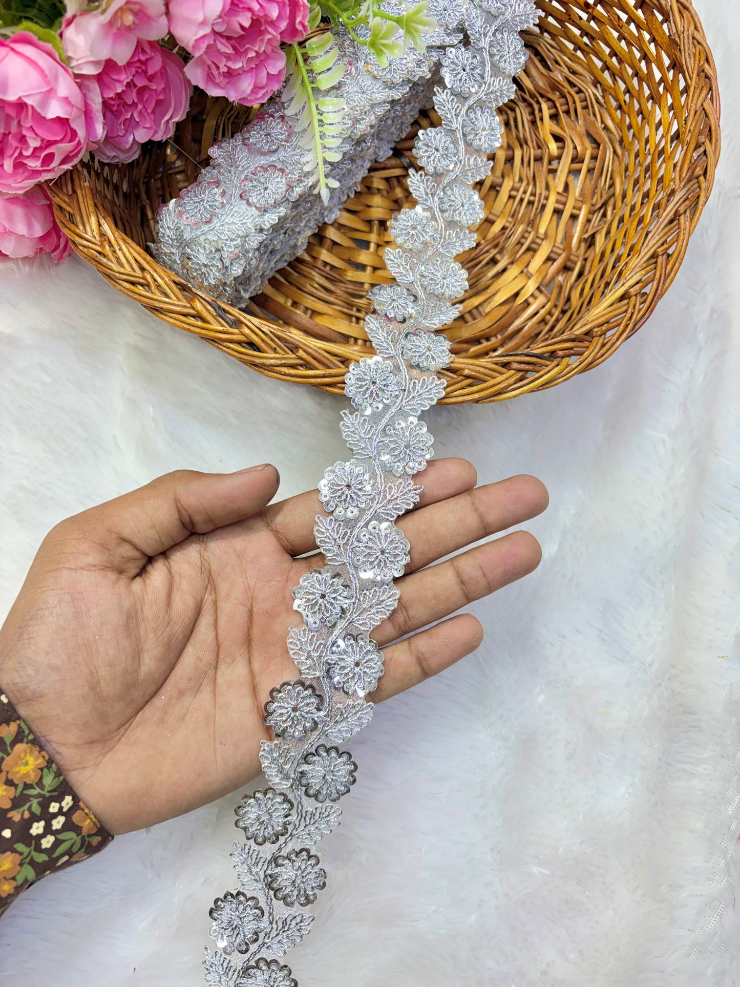 Pastel Bloom Sequin Embroidered Lace Border Sare ,Lehenga, Anarkali, pack of 9 meter(silver)