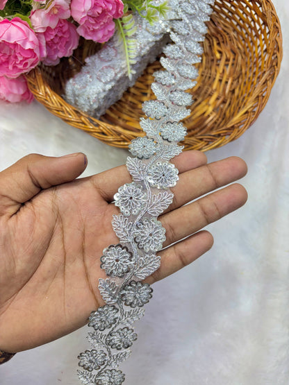 Pastel Bloom Sequin Embroidered Lace Border Sare ,Lehenga, Anarkali, pack of 9 meter(silver)