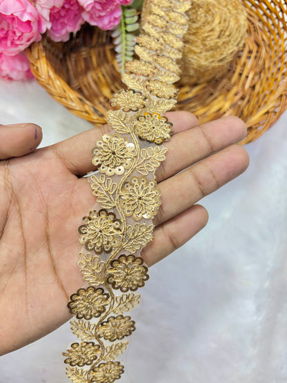 Pastel Bloom Sequin Embroidered Lace Border Sare ,Lehenga, Anarkali, pack of 9 meter(dark gold)