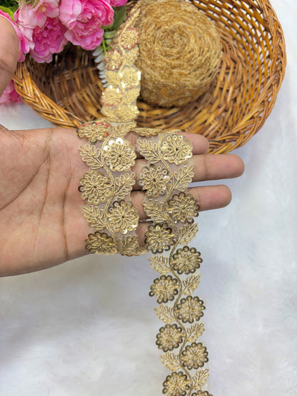 Pastel Bloom Sequin Embroidered Lace Border Sare ,Lehenga, Anarkali, pack of 9 meter(dark gold)