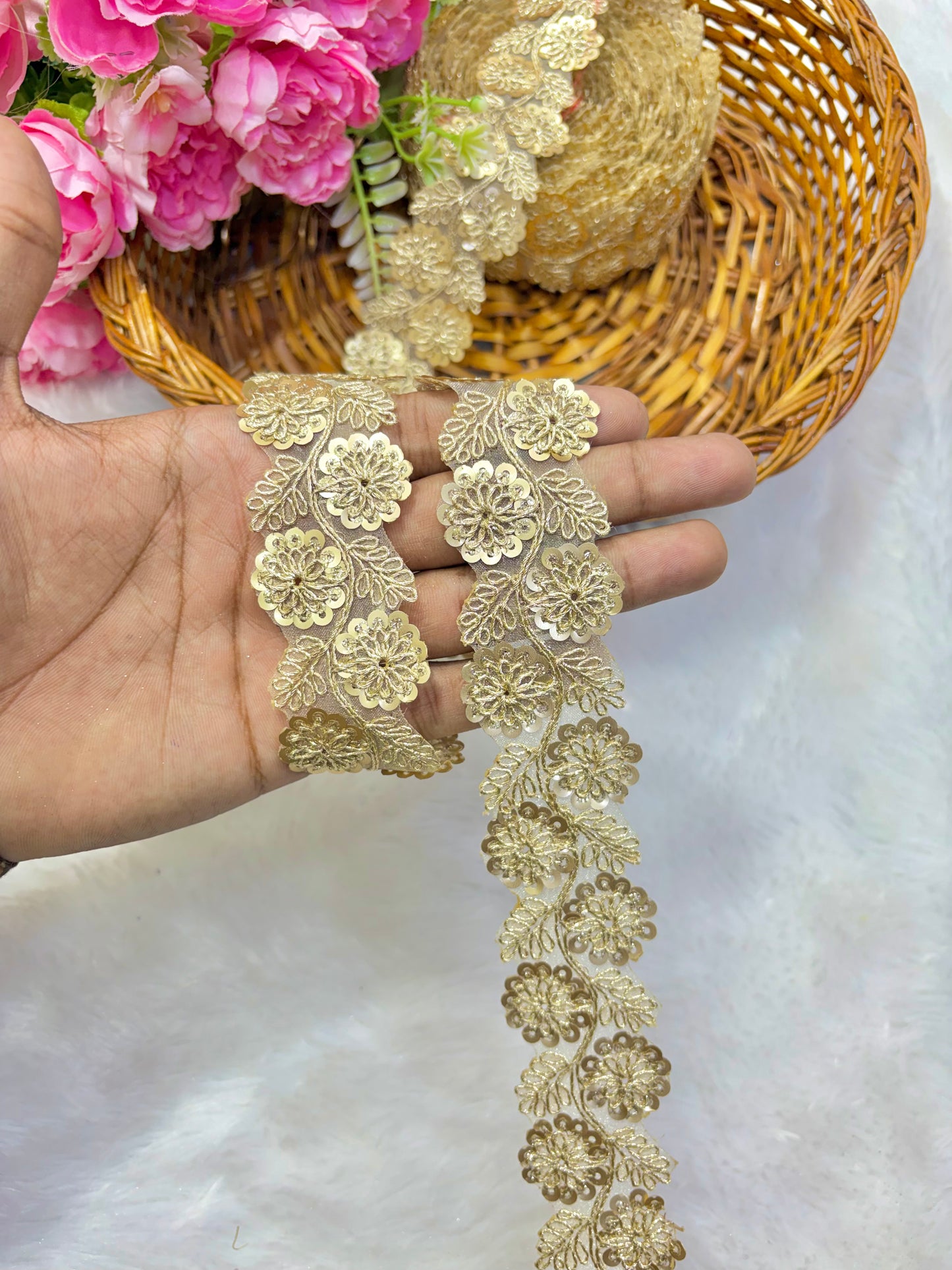 Pastel Bloom Sequin Embroidered Lace Border Sare ,Lehenga, Anarkali, pack of 9 meter( gold)