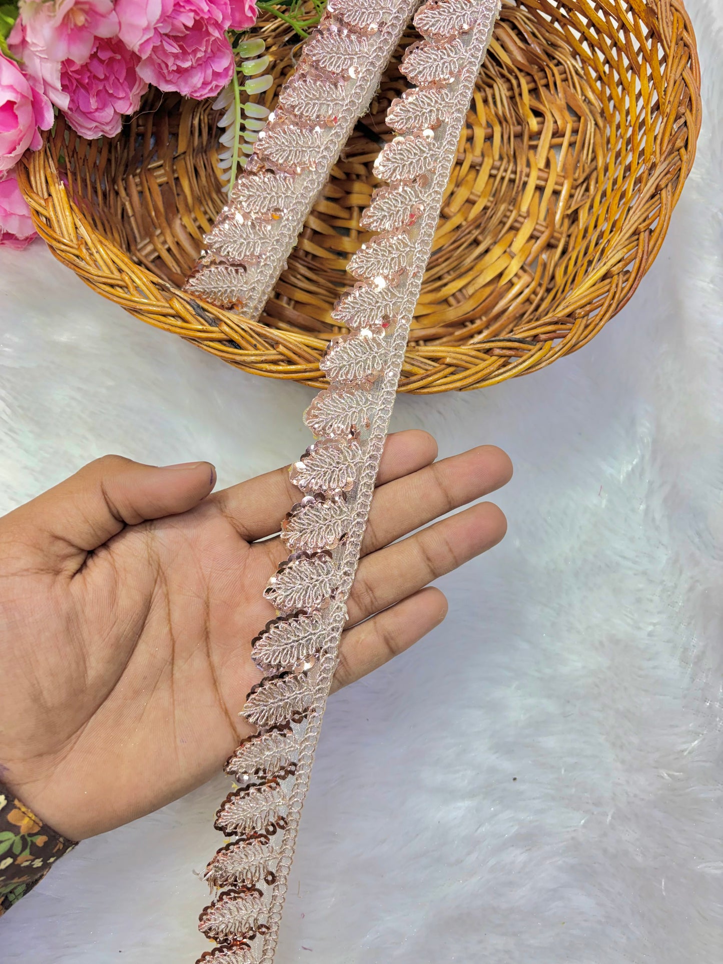 Pastel Bloom Sequin Embroidered Lace Border Sare ,Lehenga, Anarkali, pack of 9 meter rosegold