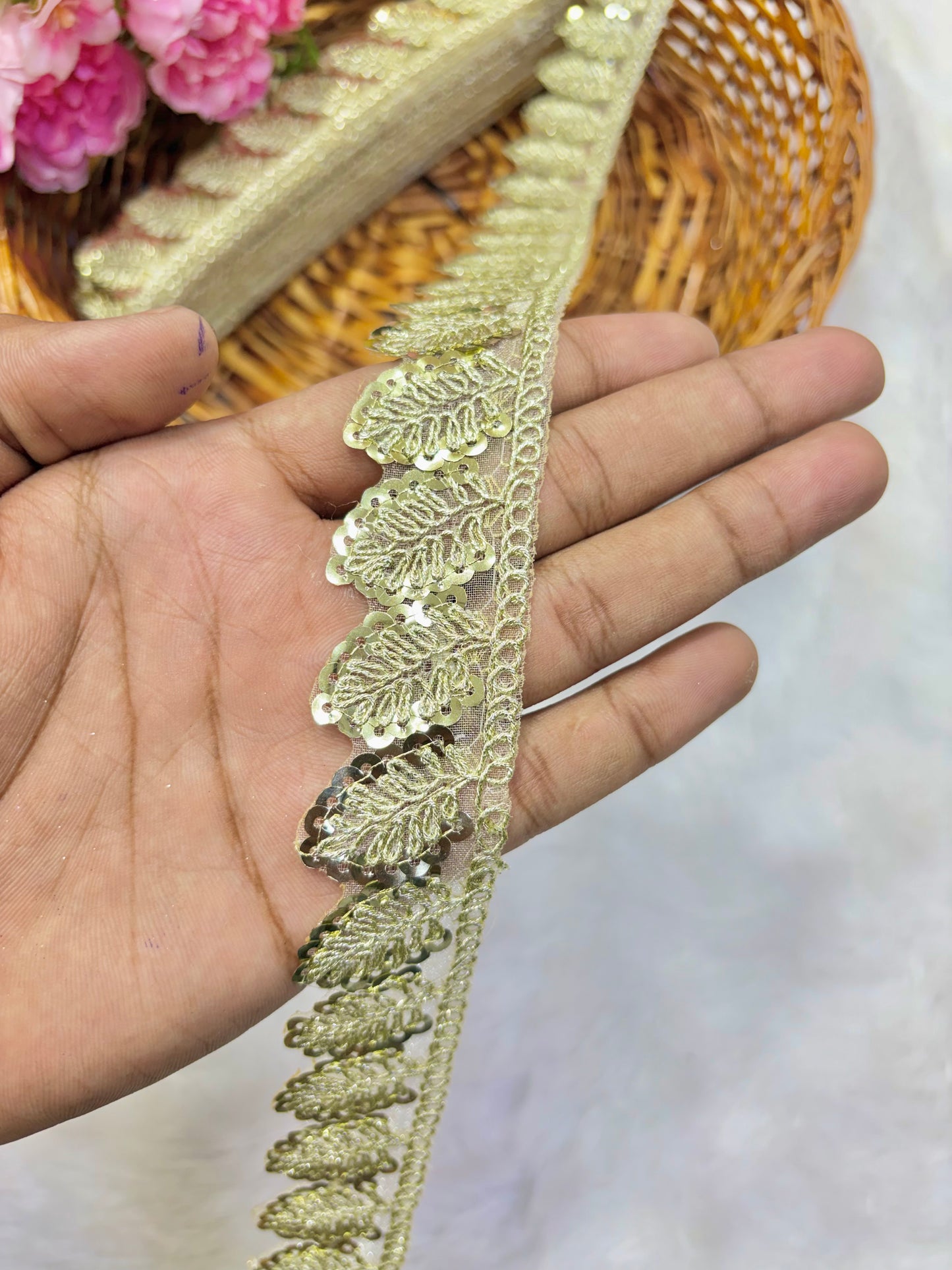 Pastel Bloom Sequin Embroidered Lace Border Sare ,Lehenga, Anarkali, pack of 9 meter  gold