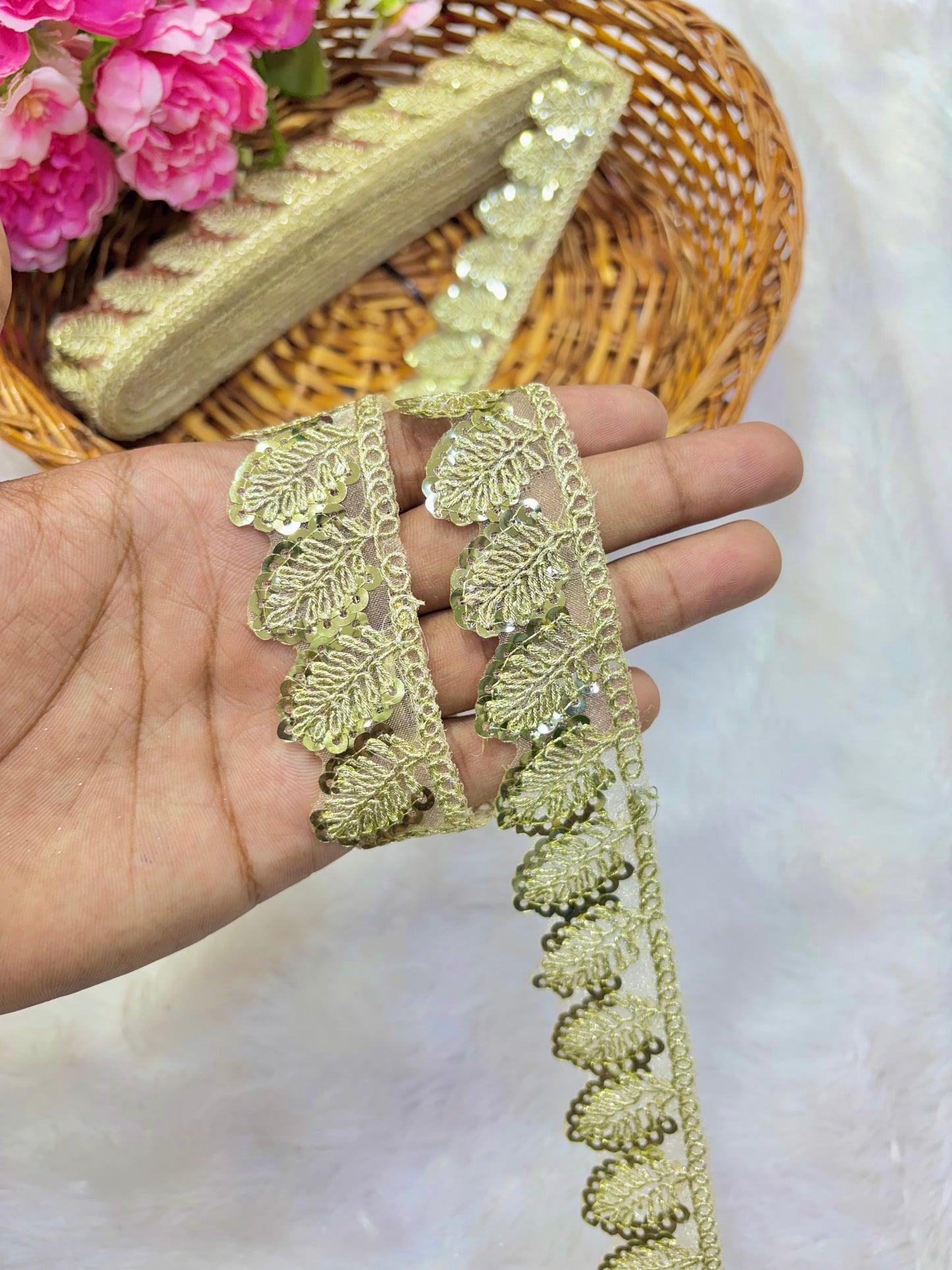 Pastel Bloom Sequin Embroidered Lace Border Sare ,Lehenga, Anarkali, pack of 9 meter  gold