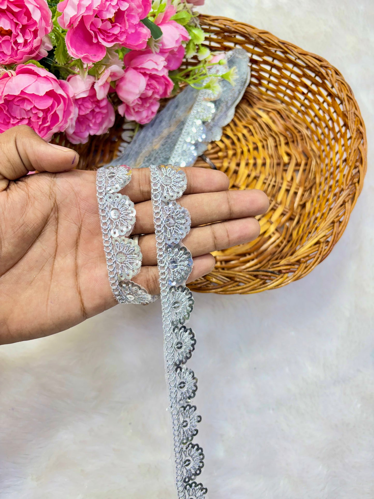 Pastel Bloom Sequin Embroidered Lace Border Sare ,Lehenga, Anarkali, pack of 9 meter silver