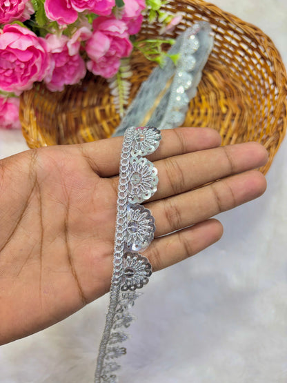 Pastel Bloom Sequin Embroidered Lace Border Sare ,Lehenga, Anarkali, pack of 9 meter silver