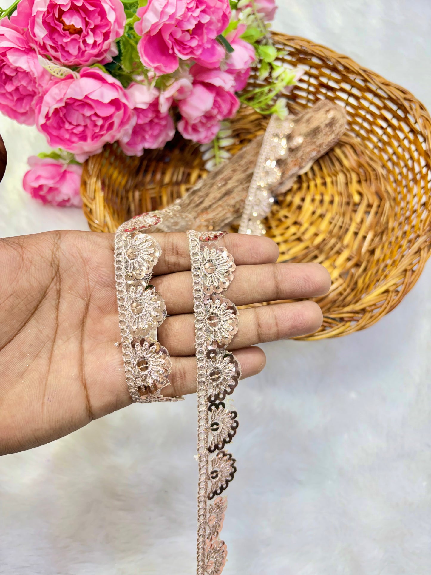 Pastel Bloom Sequin Embroidered Lace Border Sare ,Lehenga, Anarkali, pack of 9 meter rose gold