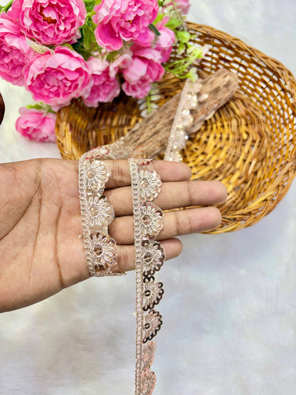 Pastel Bloom Sequin Embroidered Lace Border Sare ,Lehenga, Anarkali, pack of 9 meter rose gold