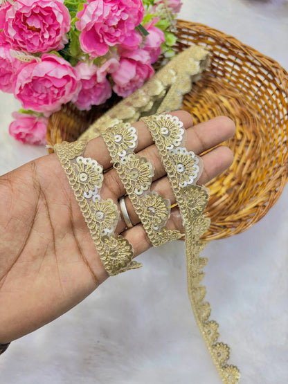 Pastel Bloom Sequin Embroidered Lace Border Sare ,Lehenga, Anarkali, pack of 9 meter golden