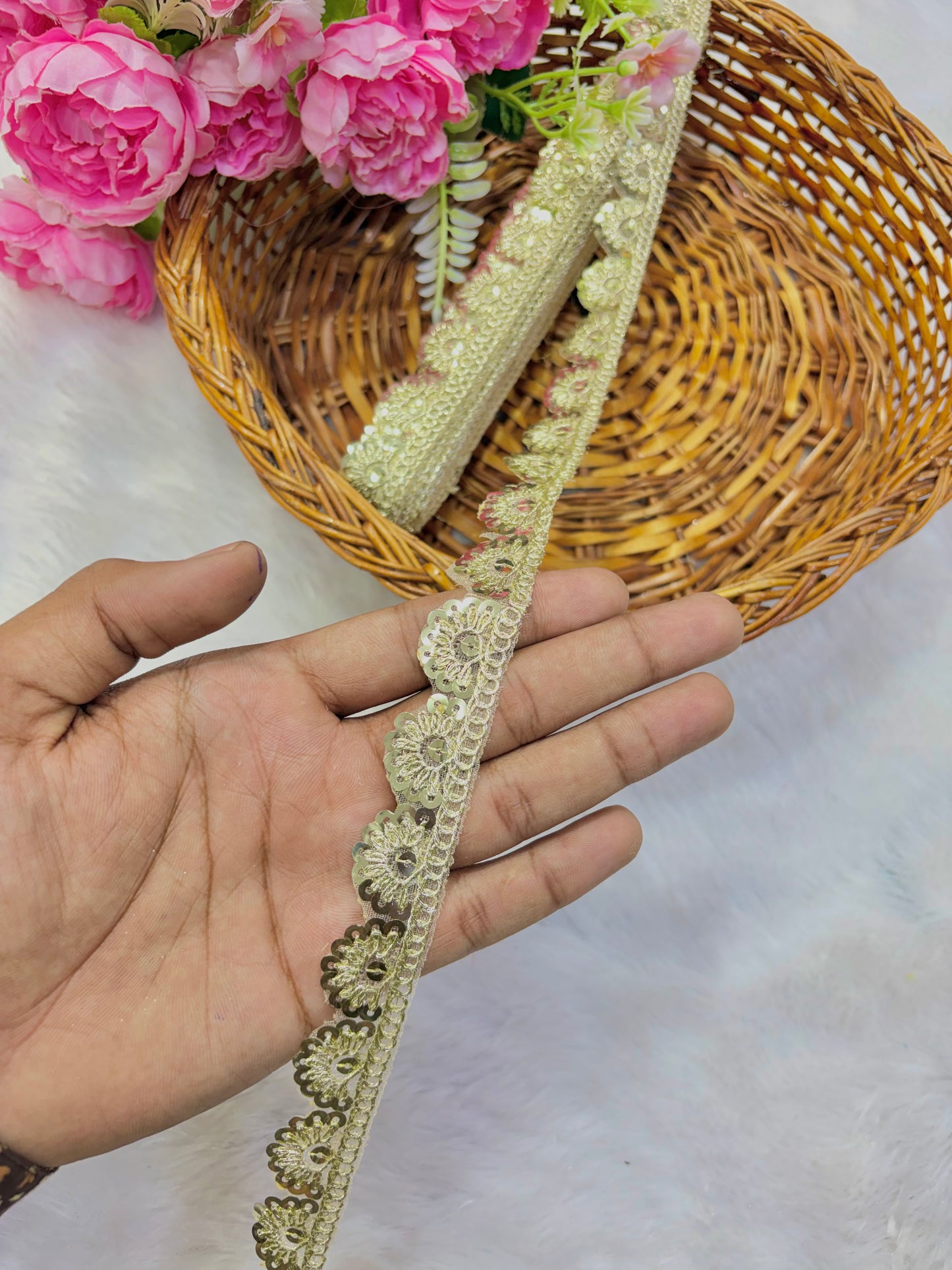 Pastel Bloom Sequin Embroidered SMALL LACE Lace Border Sare ,Lehenga, Anarkali, pack of 9 meter cutwork PANI COLOURgold