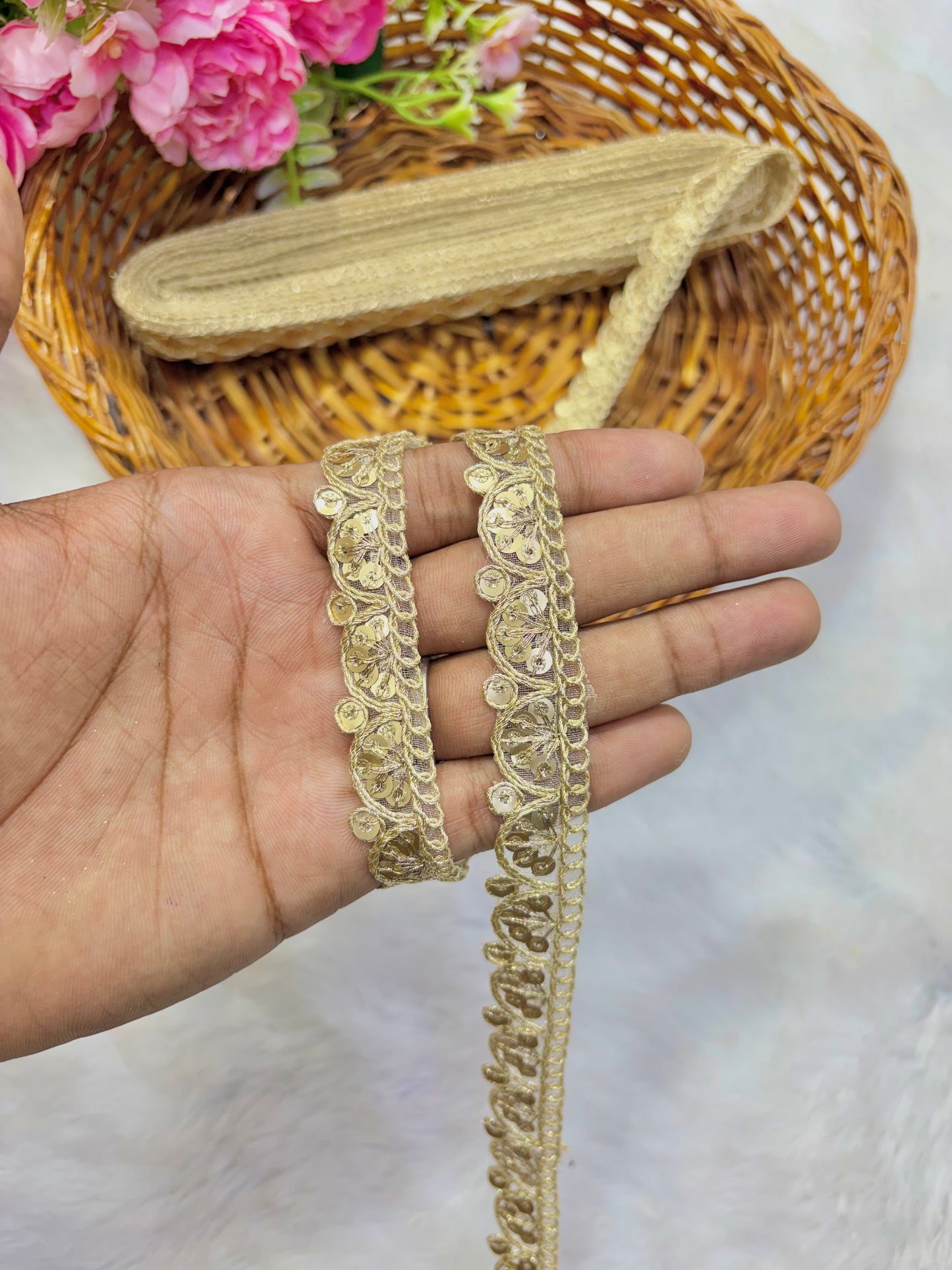 Pastel Bloom Sequin Embroidered Lace Border Sare ,Lehenga, Anarkali, pack of 9 meter