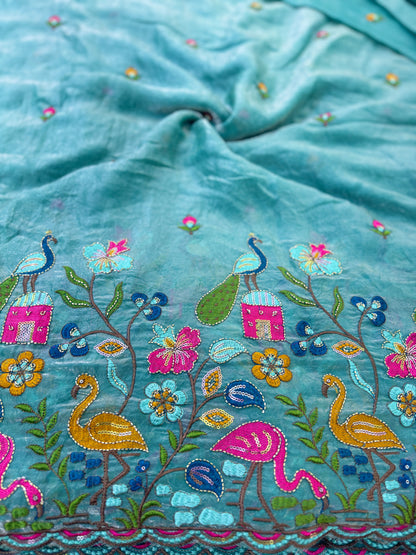 💕نسيج فندي جميل بتصميم طاووس 🦚، حافة من نسيج الفلامنغو، عرض 44-45 بوصة