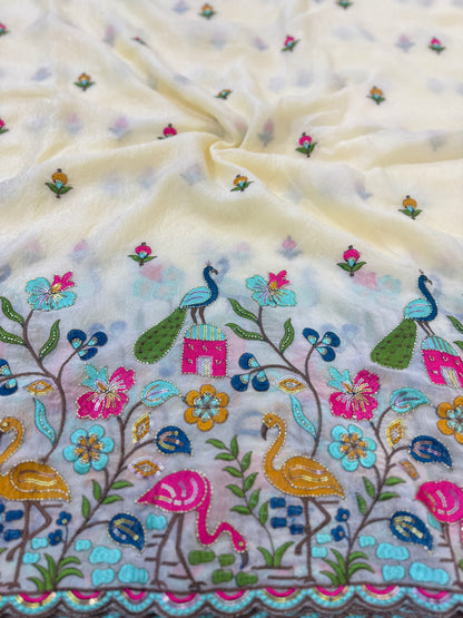 💕Beautiful 🦚 peacock Desing fendy fabric border flamingo fabrics 44-45inch width