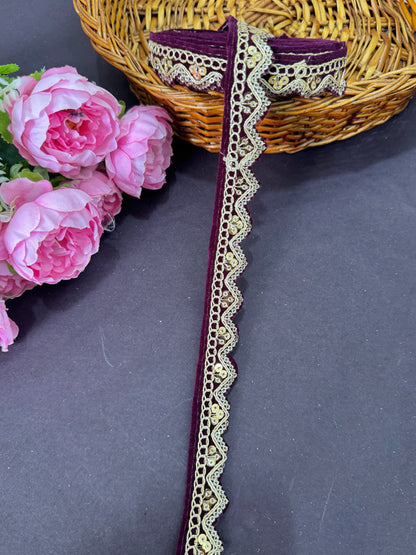 Velvet Zari Embroidery Lace Border – Zig Zag Design, 1 Inch Wide