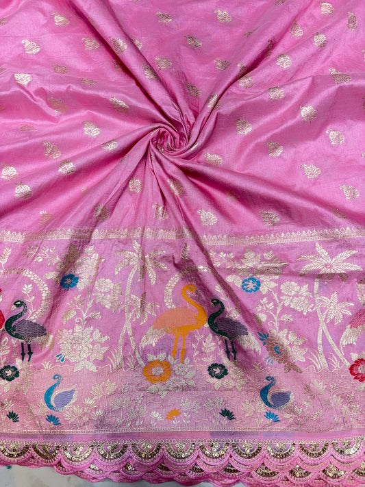 Paitanick 🥰Banarasi Silk Fabric with Embroidery Border 44-45 inch width😍 meter wise