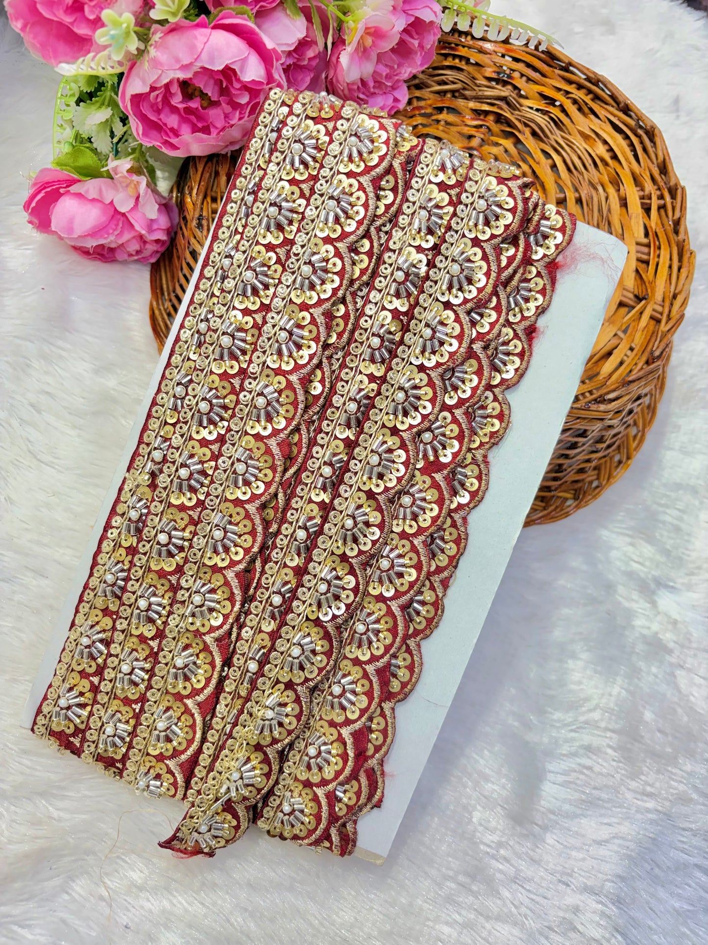 Premium Handmade Maggam Scallop Lace Border | Heavy Embroidered Designer Trim (Pack of 9 meter) cut work lace border