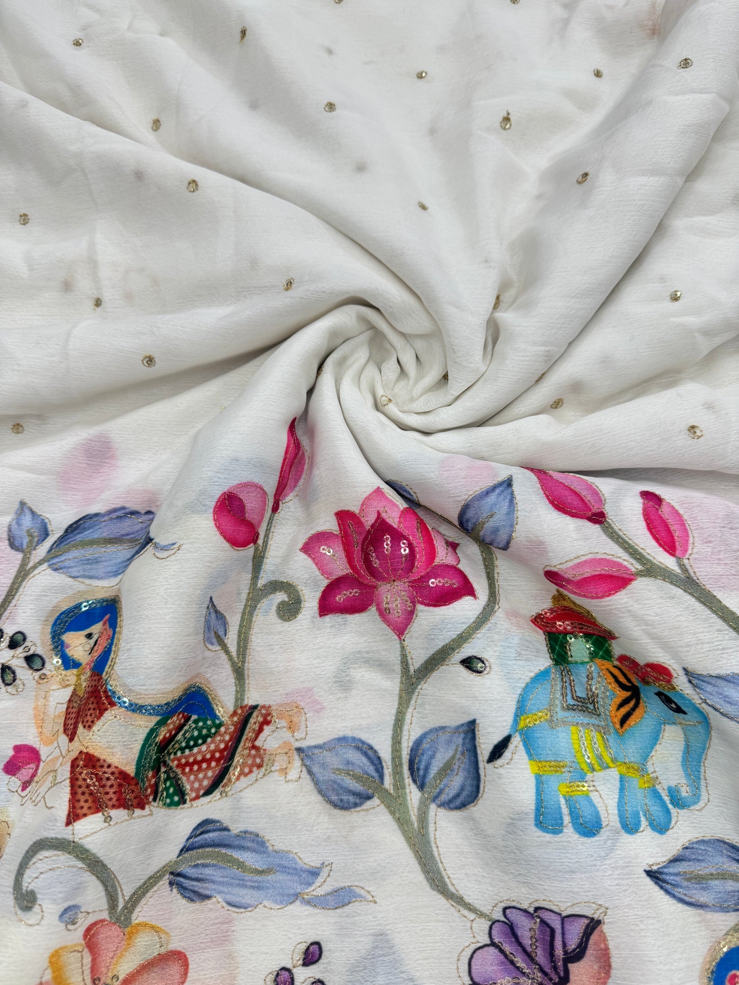 kalamkari border chenon fabrics Blend  with Elephant & Lotus Motifs Width: ~44–45 inches